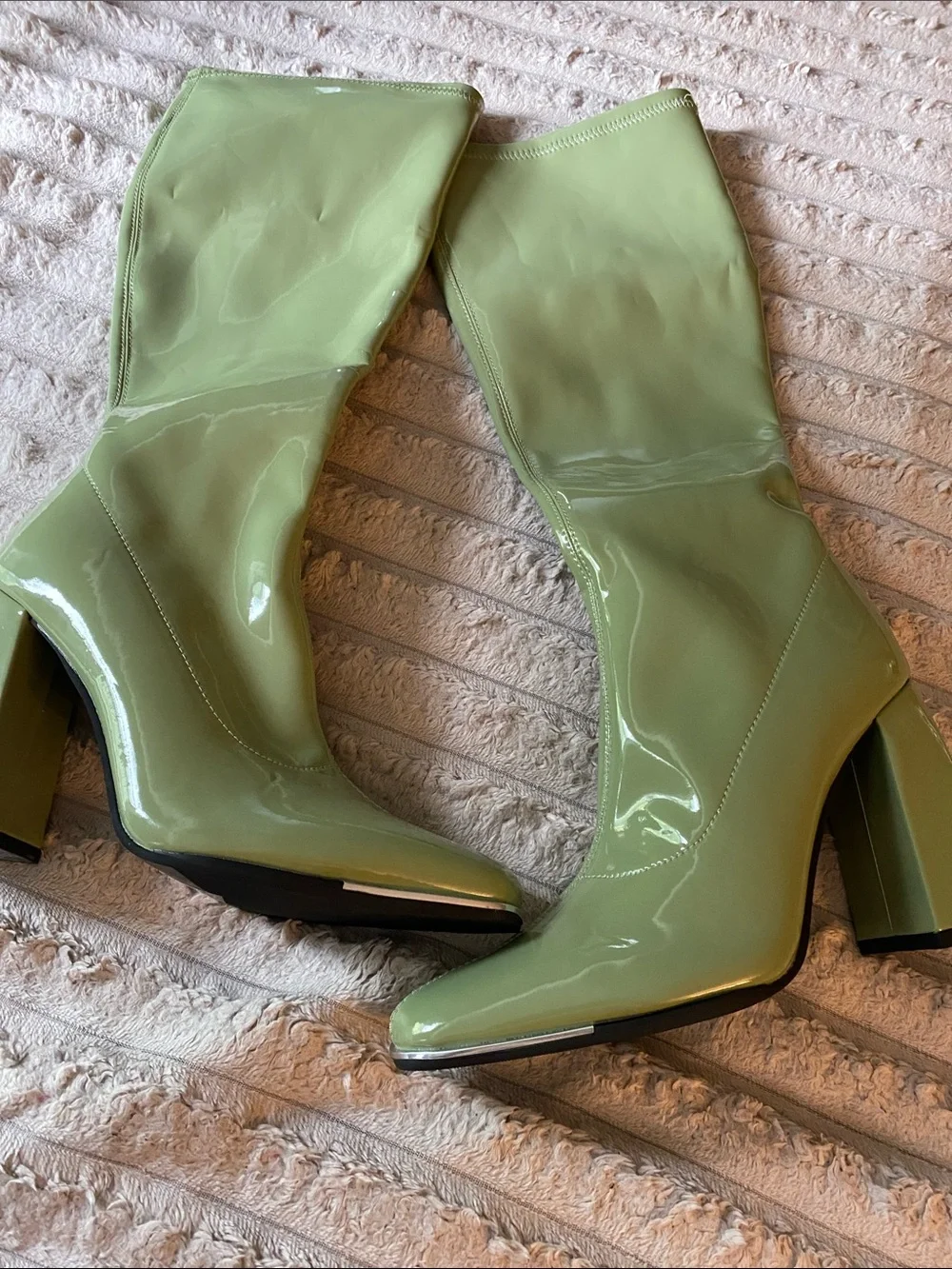 NWOT, Women's Faux Patent Material Mid-Calf Heeled Boots in Light Green